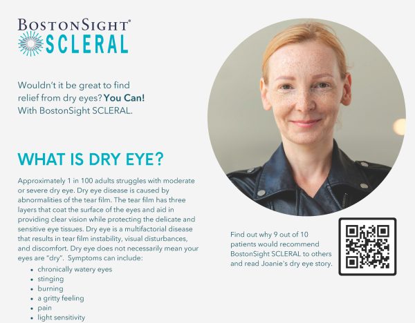 picture of joanie who has dry eye with a list of dry eye symptoms and a QR code to read her full story