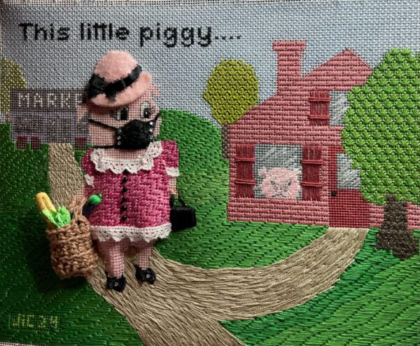 Whimsical needlepoint project completed in 2024 of a pig with a mask from COVID wearing a dress and walking to the market