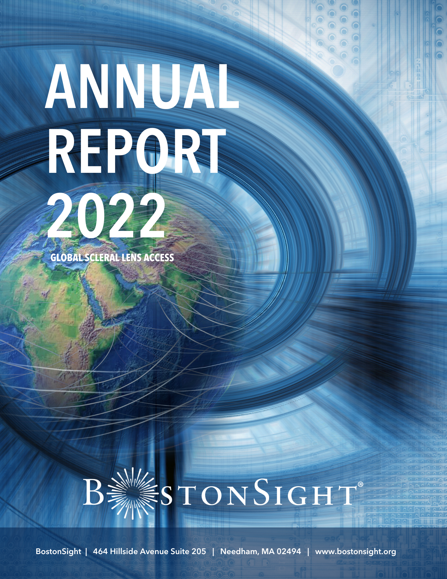 BostonSight Annual Report cover 2022- globe with blue whirls
